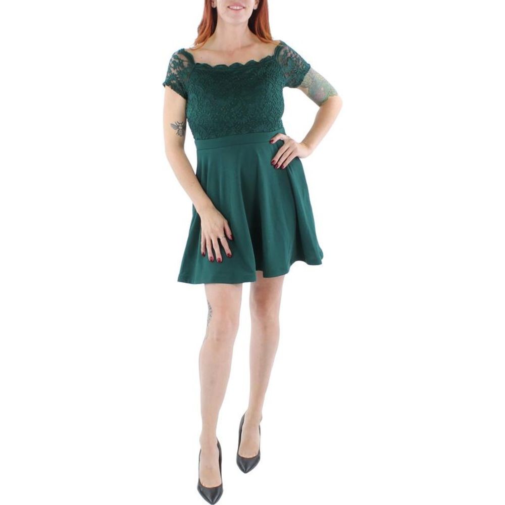 City Studio Womens Green Crepe Lace Overlay Fit & Flare Dress Juniors NWT